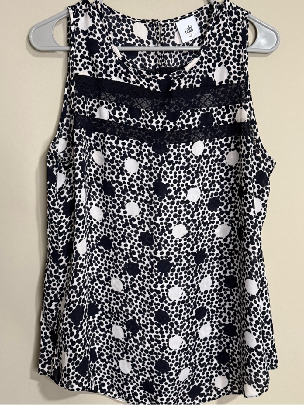 CAbi Black & White Dotted Lace-Trim Sleeveless Camisole